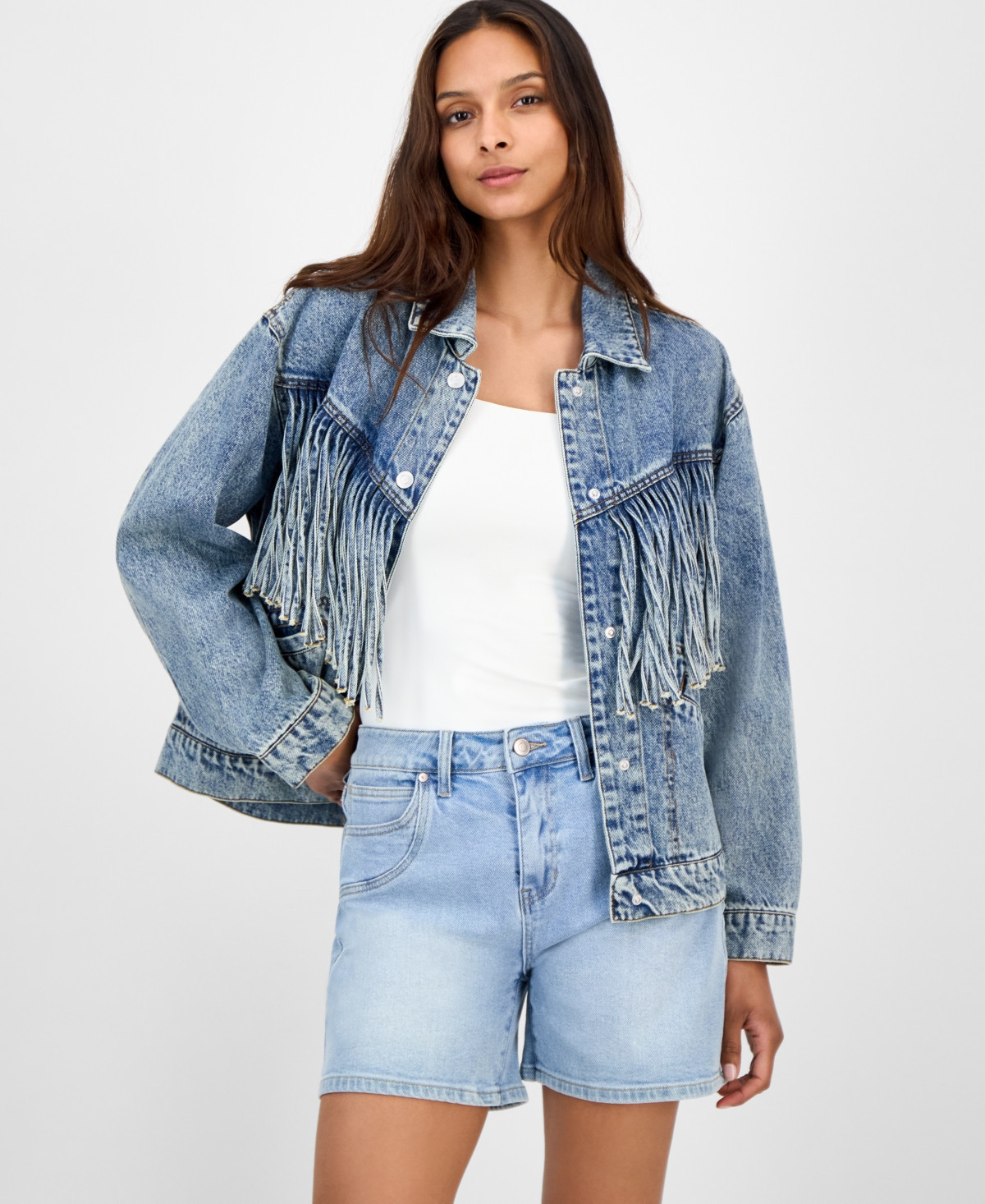 And Now This Petite Fringe Denim Jacket - Medium Blue Wash | Macy's