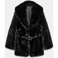 Zara - Faux Fur Belted Coat - Women - Black - Women | Zara US