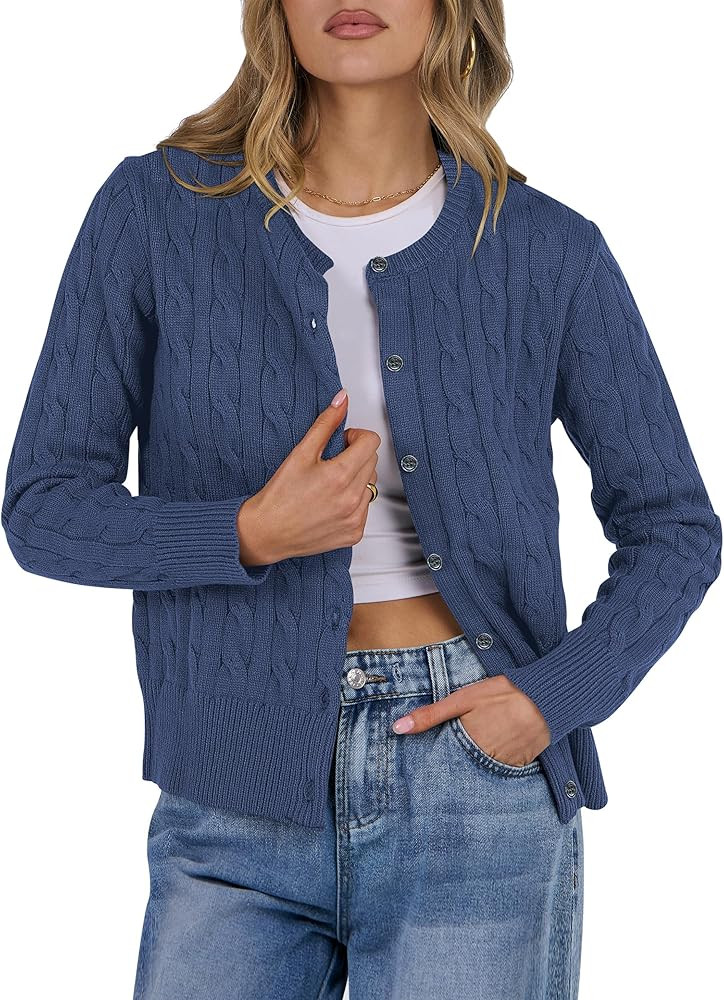 ANRABESS Women Cable Knit Cardigans Casual Dressy Long Sleeve Button Down Soft 2024 Fall Cropped ... | Amazon (US)