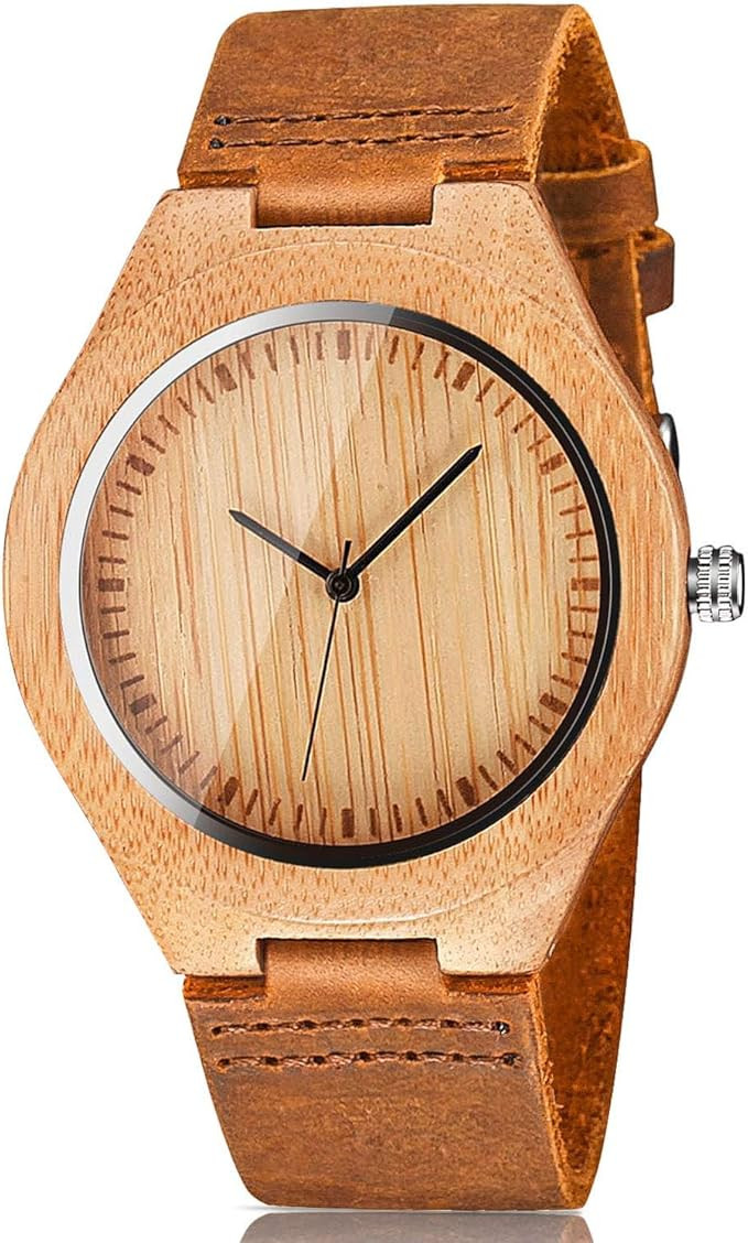 Men's Bamboo Wooden Watch with Brown Cowhide Leather Strap Japanese Quartz Movement Casual Watche... | Amazon (US)