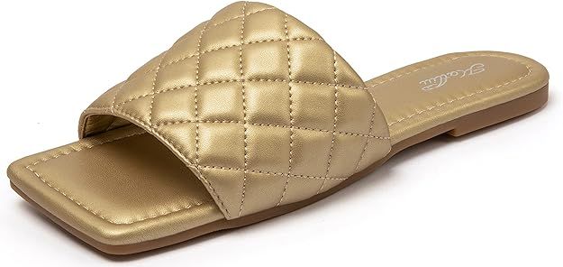 katliu Women's Square Open Toe Flat Sandals Slip On Slide Sandals Woven Strap Flat Sandals | Amazon (US)