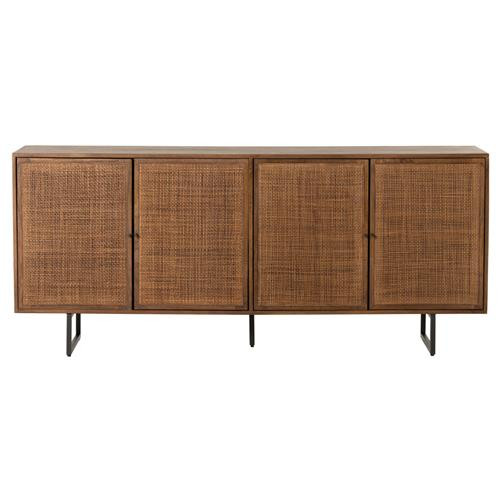 Emilie Coastal Beach Brown Mango Wood Black Iron Woven Cane 4 Door Sideboard | Kathy Kuo Home