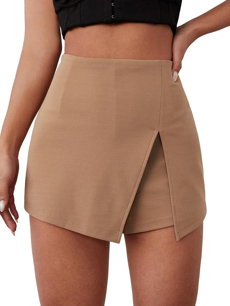 Floerns Women's Solid High Waist Skort Asymmetrical Split Hem Short Skirt | Amazon (US)