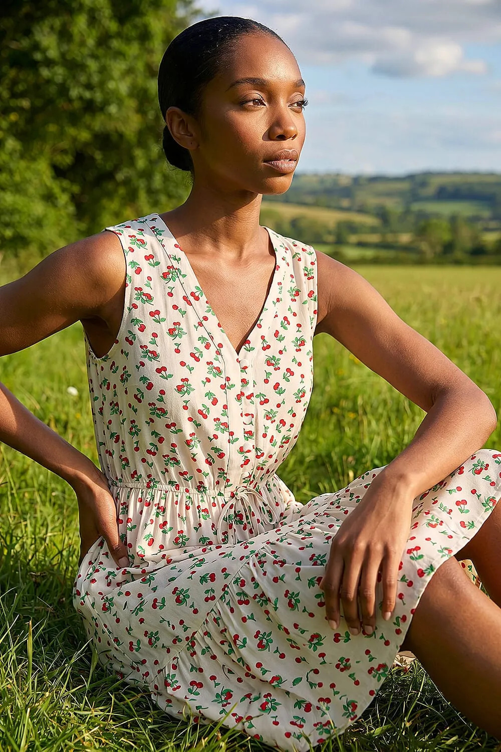Ivory Roman Petite Cherry Tie Waist Dress | Debenhams | Debenhams UK