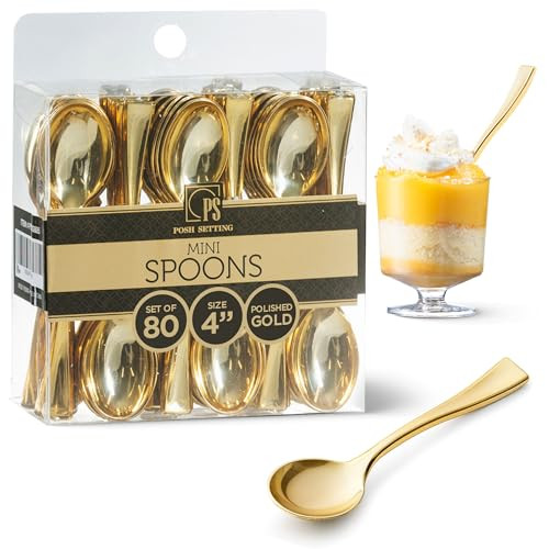 Posh Setting - Plastic Mini Spoons, Gold Mini Spoons, Gold Plastic Mini Dessert Spoons, Disposable Tiny Gold Spoons, 4 inch Mini Spoons for Appetizers, Taster Spoons, Ice Cream Spoons (80 Pack) | Amazon (US)
