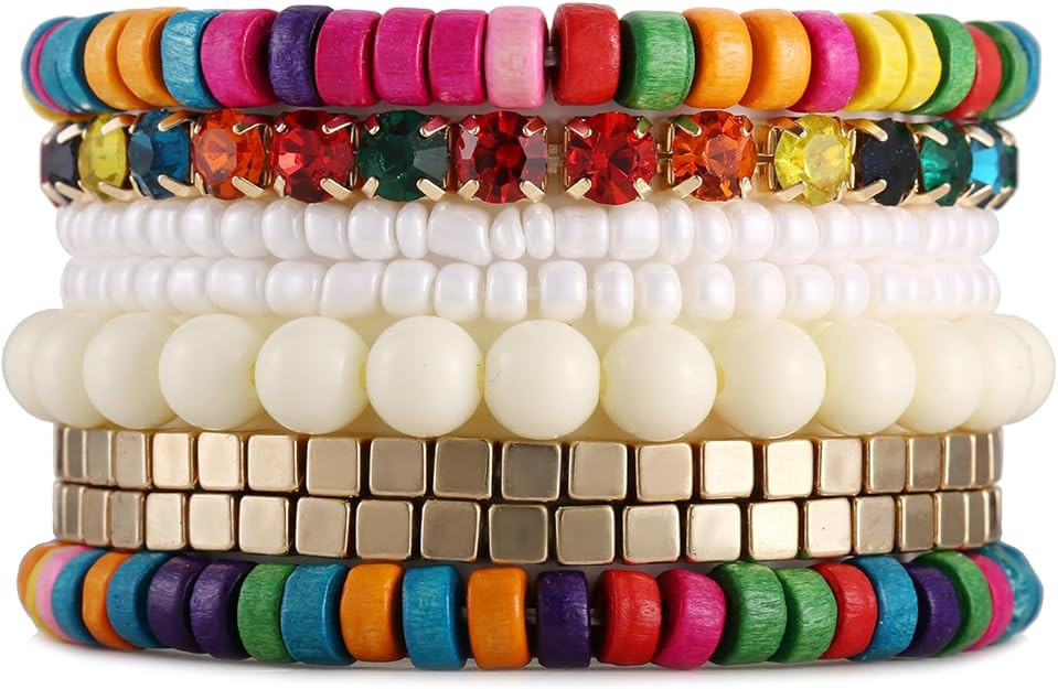 LUREME Boho Multi Strand Stackable Stretch Bracelet Set Wooden Cube Alloy Bead Bangle bl003172 | Amazon (US)