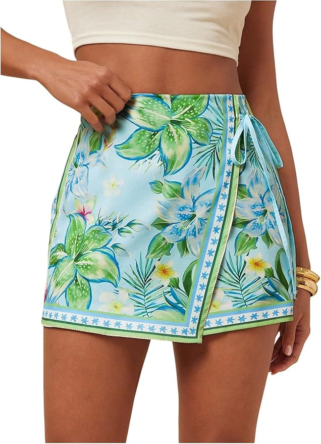 RoseSeek Women's Floral Graphic Skirt Shorts Drawstring Waist Tropical Boho Wrap Skorts | Amazon (US)