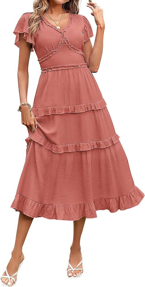 MEROKEETY Womens 2023 Summer Casual V Neck Flutter Sleeve High Waist Ruffle Tiered Midi Dress | Amazon (US)