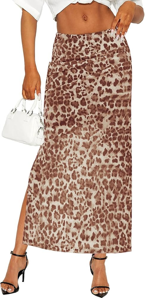 OZICERD Leopard Print Maxi Skirts for Women Bodycon High Waisted A-Line Vacation Mesh Long Slit S... | Amazon (CA)
