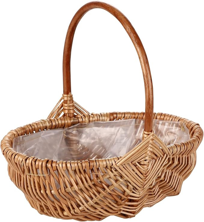 Rattan Flower Basket, Handmade Wicker Planter Basket with Plastic Liner and Handle, Easter Basket... | Amazon (US)