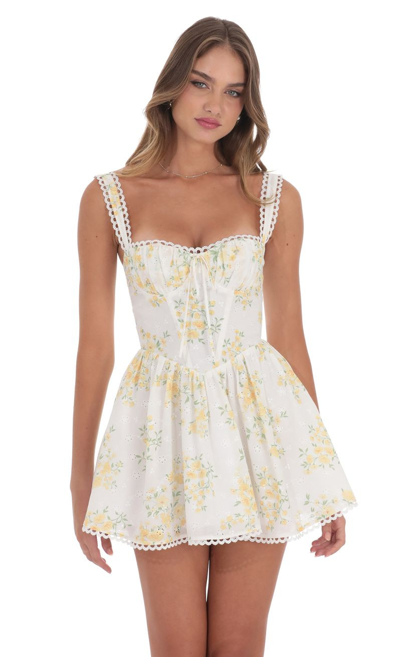 Corset Floral Fit and Flare Dress in White | Lucy in the Sky