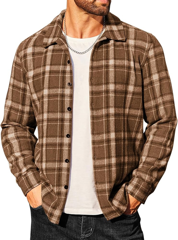 COOFANDY Men's Flannel Shirts Casual Button Down Plaid Shirt Jacket Long Sleeve Fleece Shacket | Amazon (US)