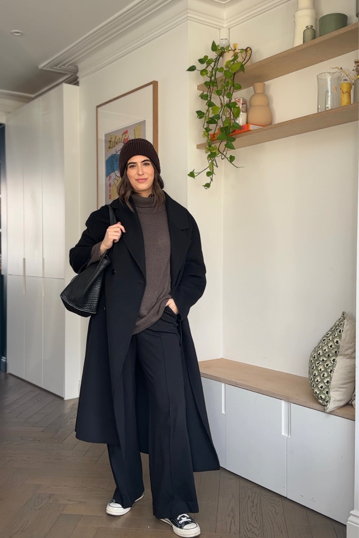 Winter outfit. Wide leg black trousers, converse, black coat 

#LTKSeasonal #LTKsalealert