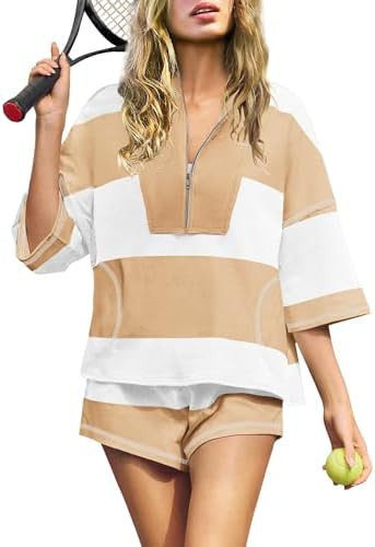 Panadila Women Striped Workout Set Two Piece Outfit Tracksuit Oversized Lounge Set Top and Shorts... | Amazon (US)