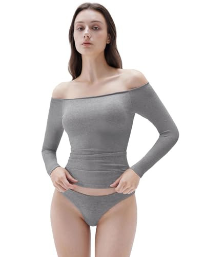 SUUKSESS Women Padded Off The Shoulder Tops Ribbed Long Sleeve Shirts Fall Basic Going Out Tops (Dark Grey,M) | Amazon (US)