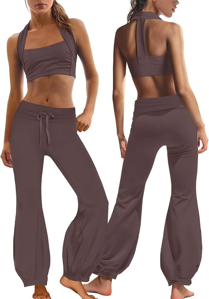 Womens Two Piece Workout Sets Athletic Yoga Set Halter Sports Bra and Fold Over Flare Leggings Pi... | Amazon (US)