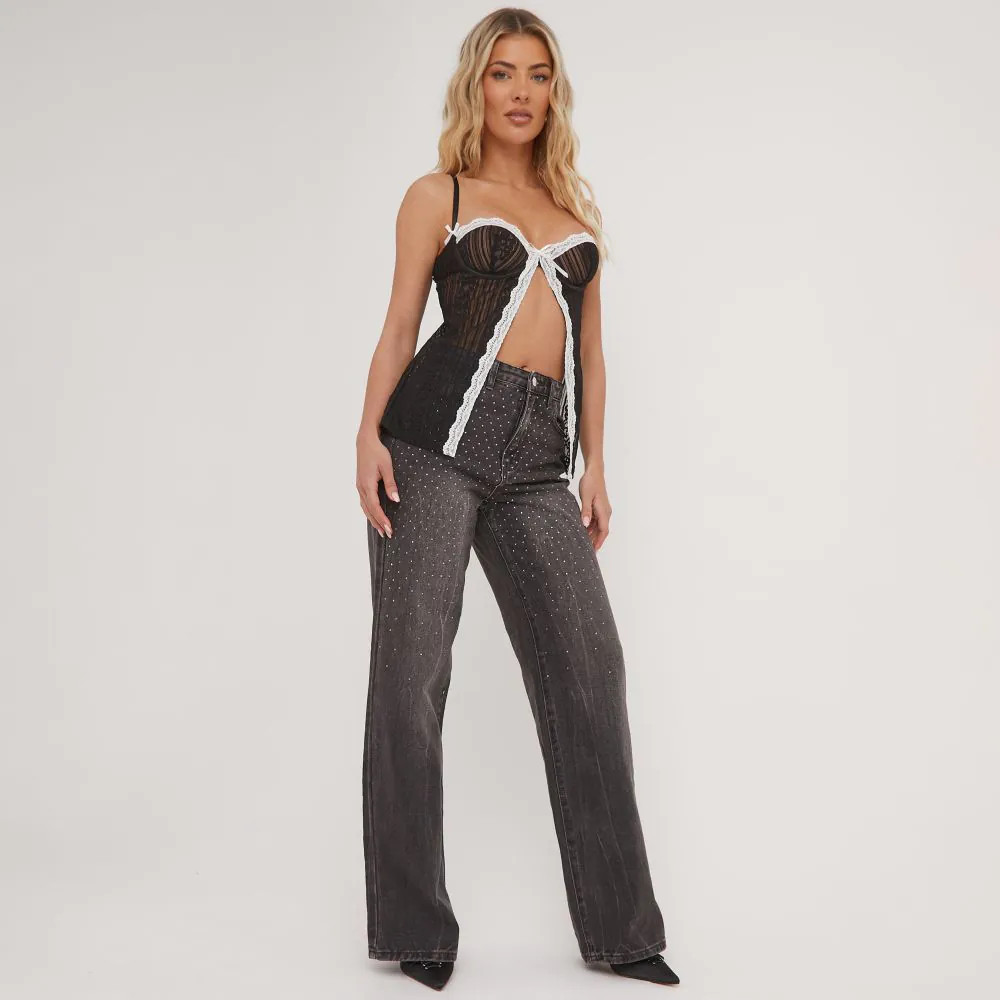 Mid Rise Diamante Detail Wide Leg Jeans In Washed Grey Denim | EGO (UK)