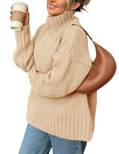 PRETTYGARDEN Women's 2025 Fall Oversized Sweaters Turtleneck Casual Long Sleeve Chunky Knit Pullover Tops Winter Clothes (Beige,Large) | Amazon (US)