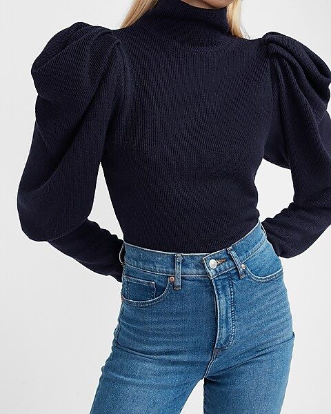 Ribbed Puff Sleeve Mock Neck Top | Express