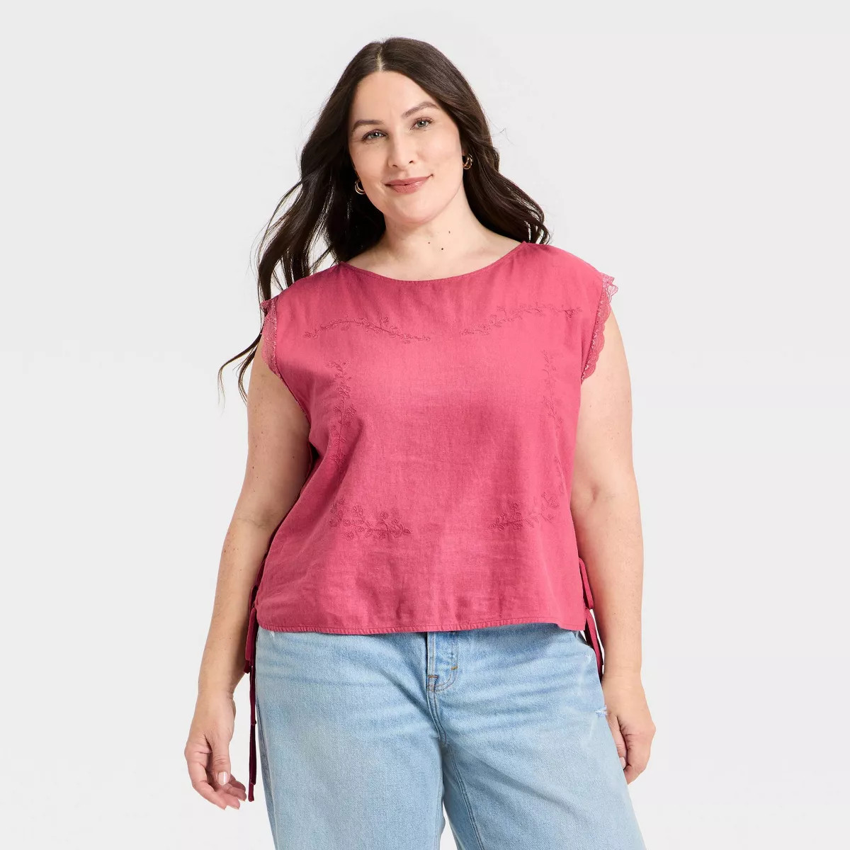 Women's Western Short Sleeve Embroidered Tie Top Blouse - Universal Thread™ Pink XXL | Target