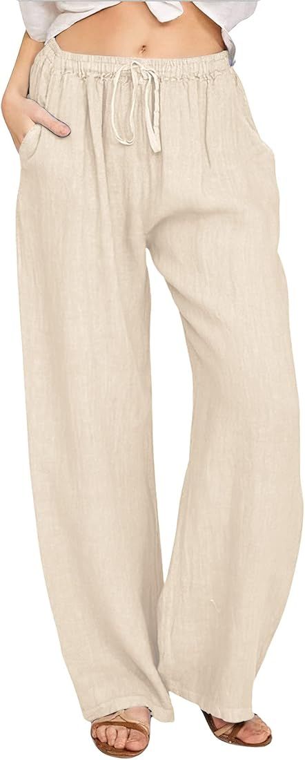 CHARTOU Women's Summer Drawstring Waist Wide Leg Loose Cotton Linen Palazzo Pants | Amazon (US)