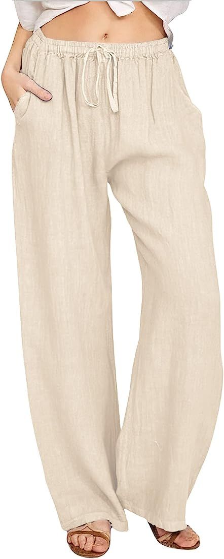 CHARTOU Women's Summer Drawstring Waist Wide Leg Loose Cotton Linen Palazzo Pants | Amazon (US)