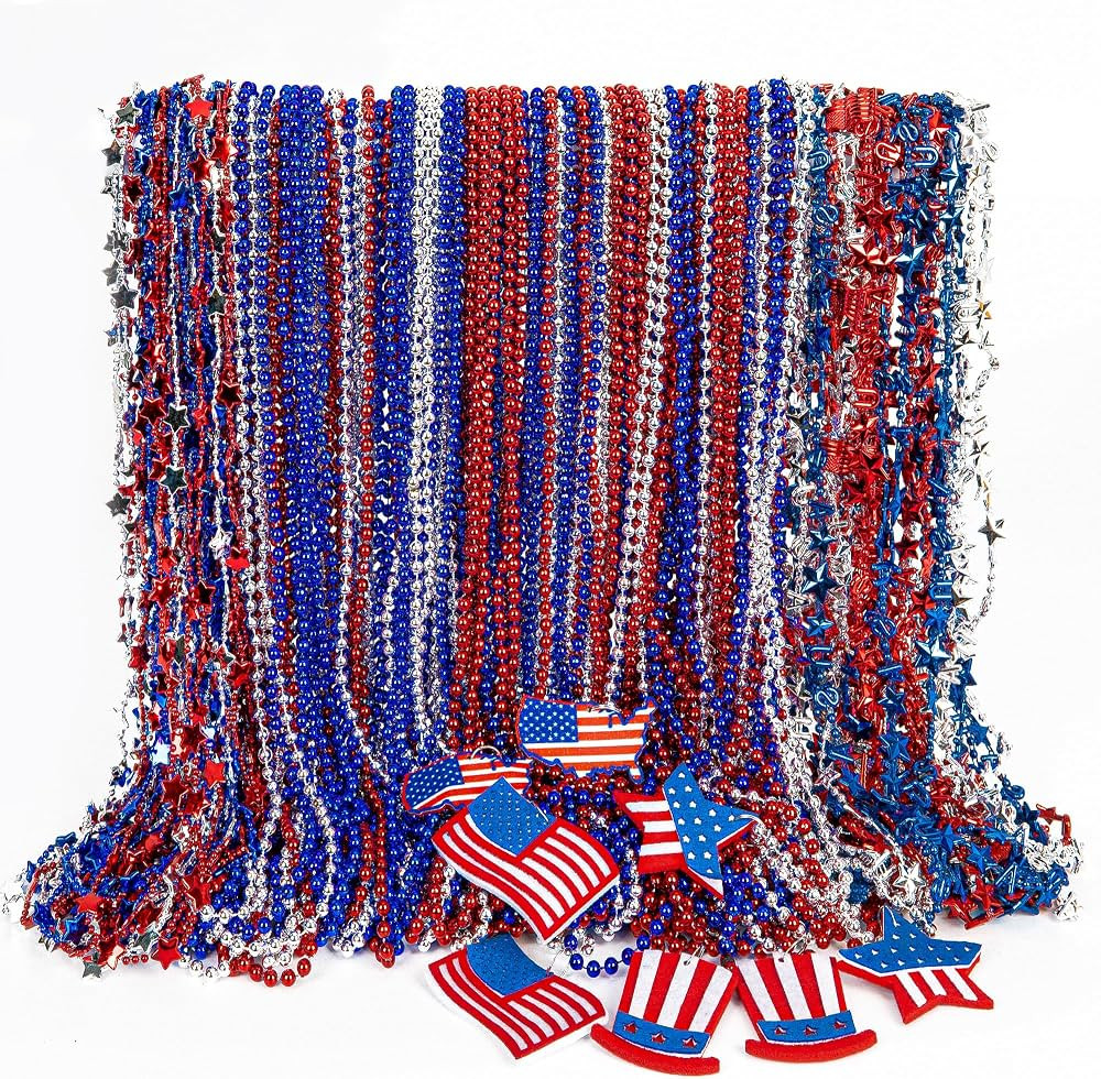 4th of July Party Favors, 120PCS Patriotic Beads Necklaces, Metallic Patriotic Independence Day R... | Amazon (US)