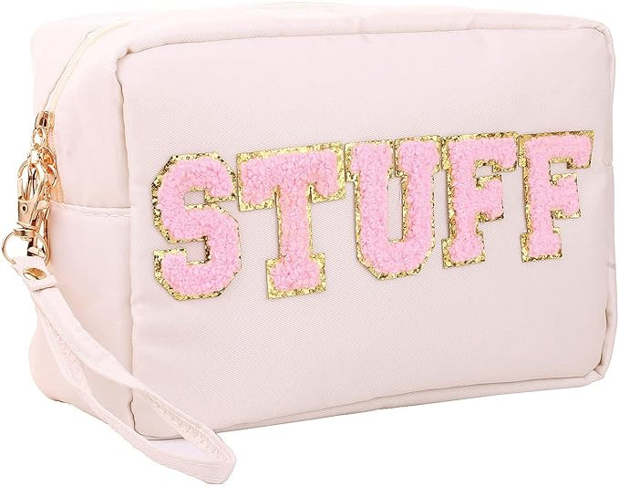 Nylon Cosmetic Bag Chenille Letter Patches Waterproof Travel Pouch Snack Makeup with Wrist Strap ... | Amazon (US)