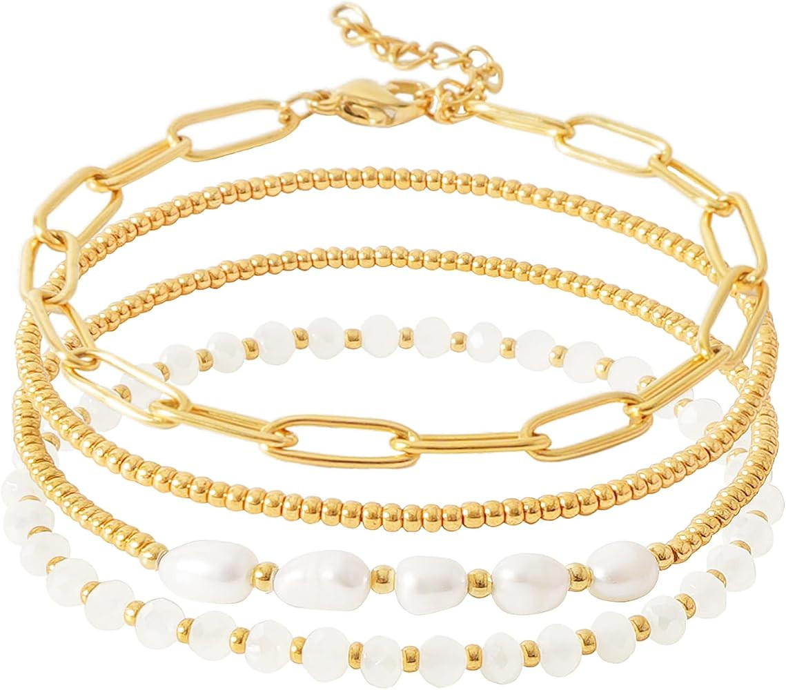 Dainty Gold Pearl Crystal Beaded Bracelets Set for Women 14K Real Gold Plated Bead Pearl Crystal ... | Amazon (US)