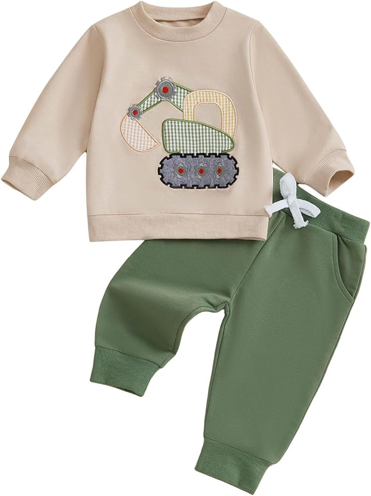 Toddler Baby Boy Fall Winter Outfit Excavator Embroidered Long Sleeve Sweatshirt Elastic Jogger P... | Amazon (US)