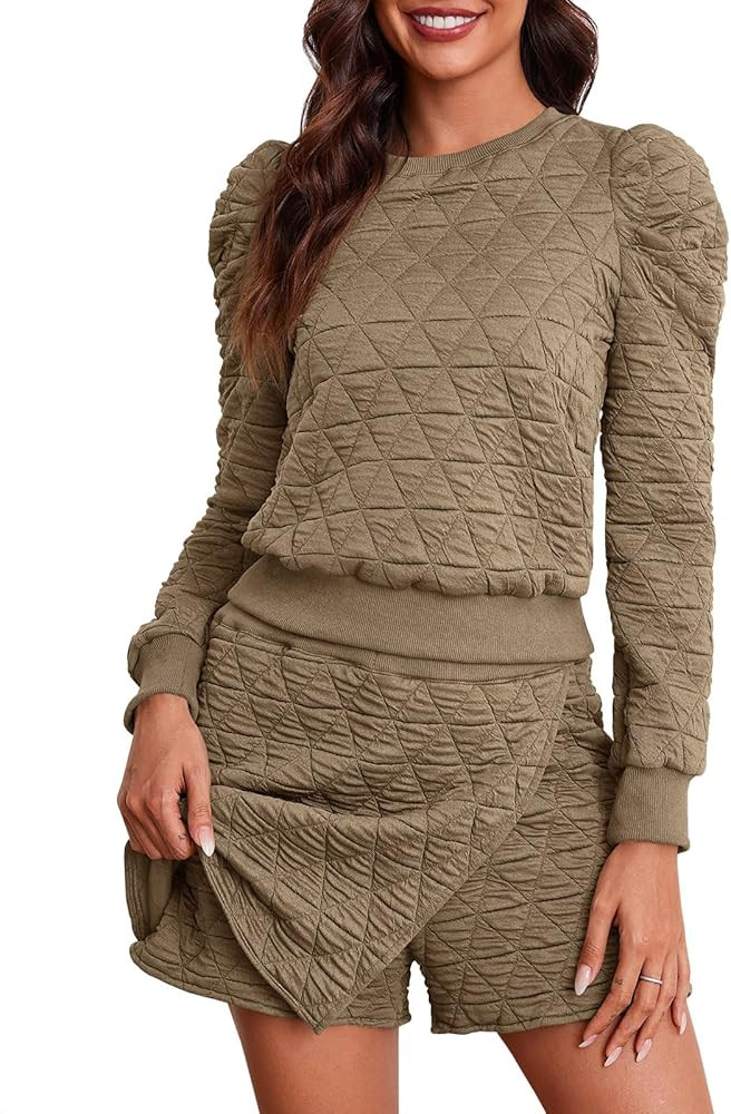 Fisoew Women's 2 Piece Lounge Wear Set Long Sleeve Argyle Sweatshirts and Wrap Skorts Casual Sets | Amazon (US)