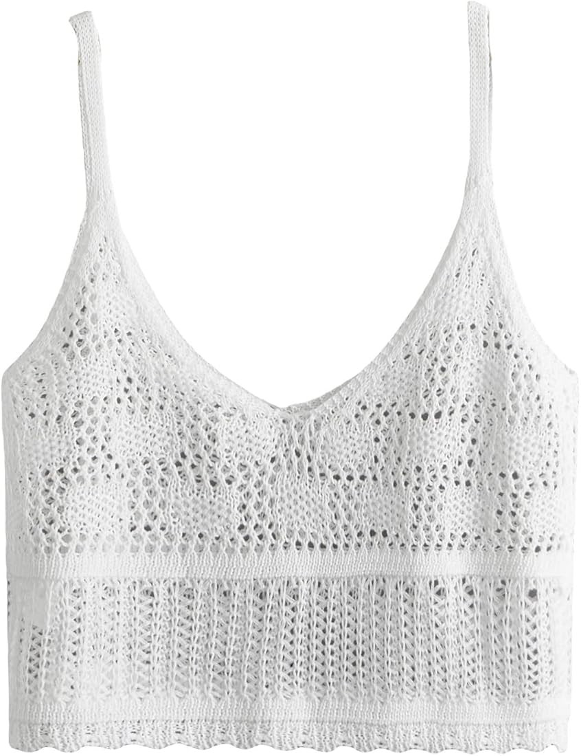 Cozyease Women's Crochet Swimsuit Cover Up Crop Tops Plain Spaghetti Strap Sleeveless Bikini Cove... | Amazon (US)
