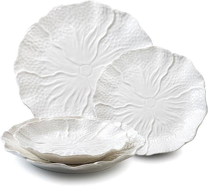 4 Piece White Ceramic Salad Plates Dessert Plates Set (10 inches & 8 inches) Vegetable Floral Emb... | Amazon (US)