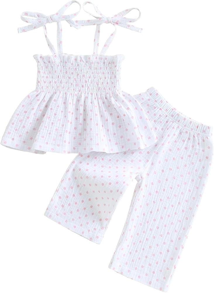VISGOGO Valentines Day Baby Girl Outfits Sleeveless Smocked Strap Camisole Linen Pants Heart/Bow ... | Amazon (US)