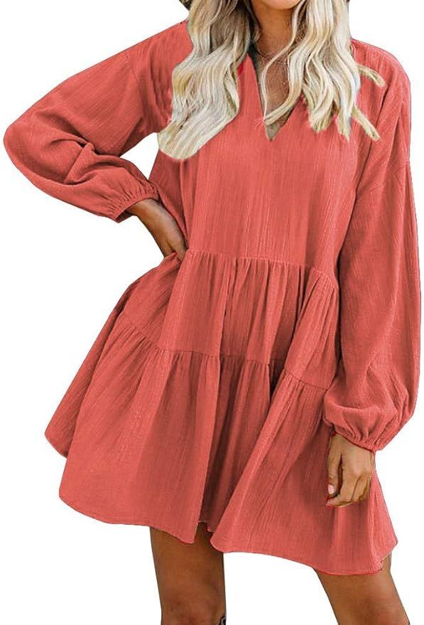 FANCYINN Women’s Cute Shift Dress with Pockets Fully Lined Bell Sleeve Ruffle Hem V Neck Loose ... | Amazon (US)