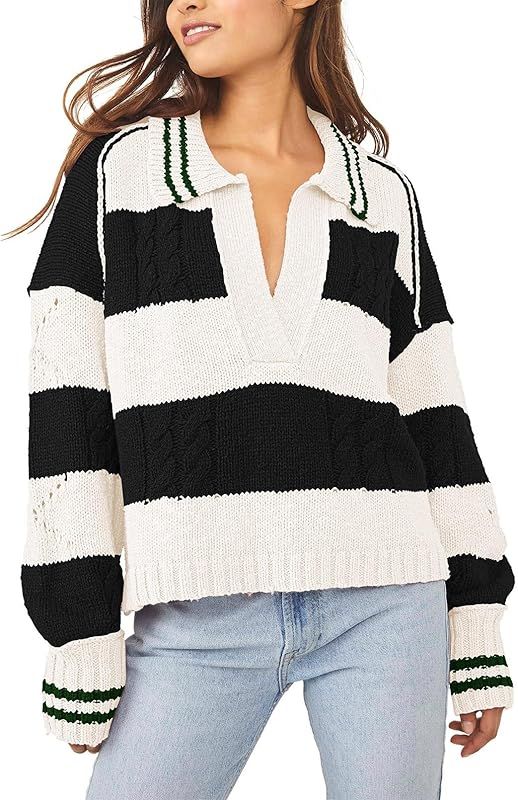 Meenew Women Casual Loose Crop Long Sleeve Sweater Tops Plunge V Neck Knit Pullover Sweater | Amazon (US)