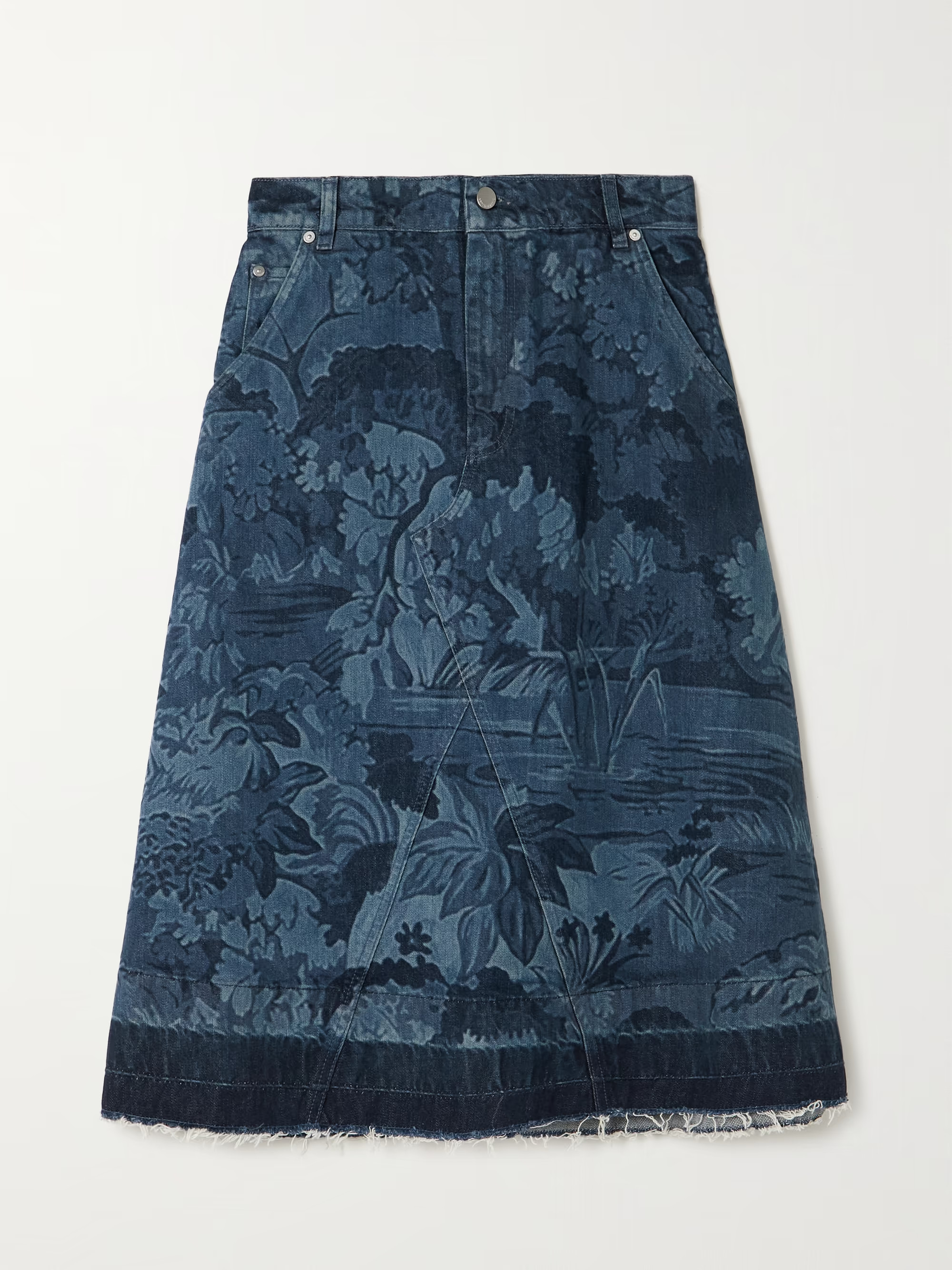 Frayed printed denim midi skirt | NET-A-PORTER (US)