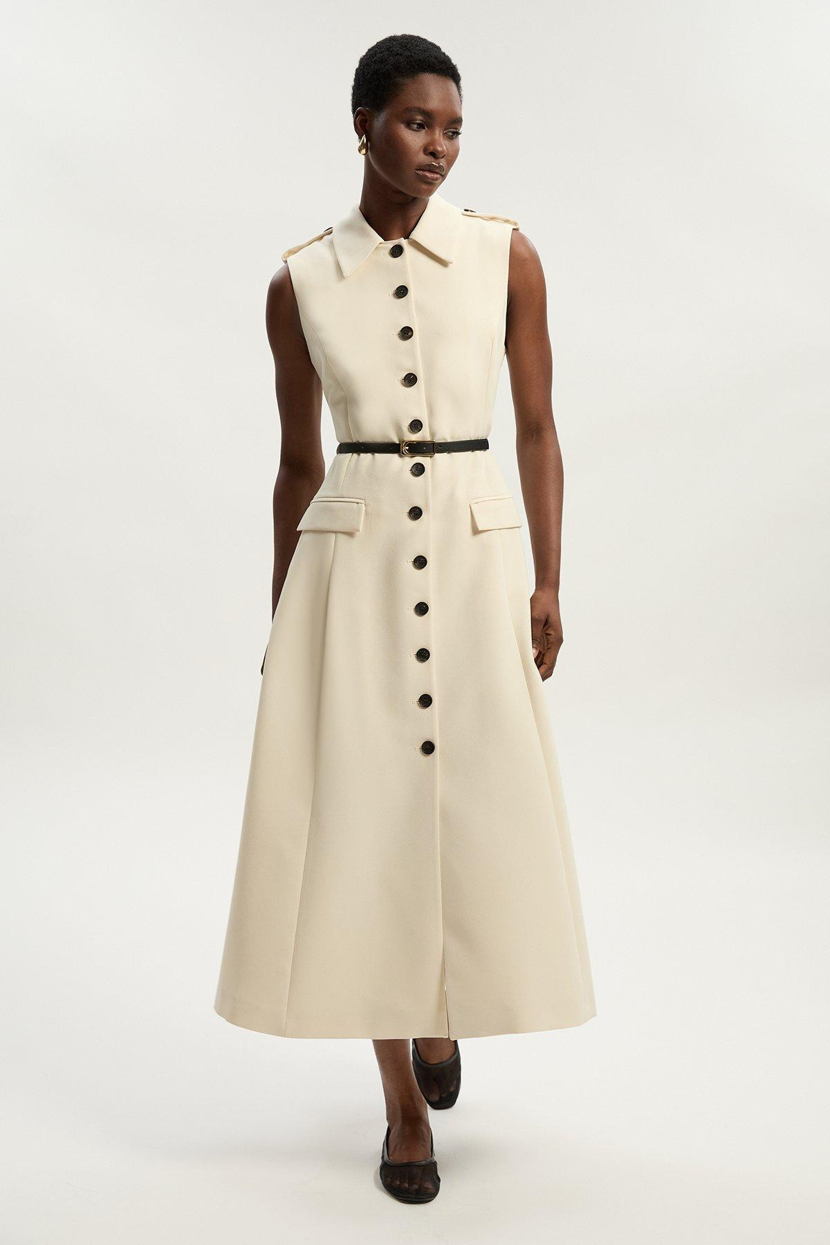 Tailored Crepe Sleeveless Button Front Tailored Shirt Midi Dress | Karen Millen UK + IE + DE + NL
