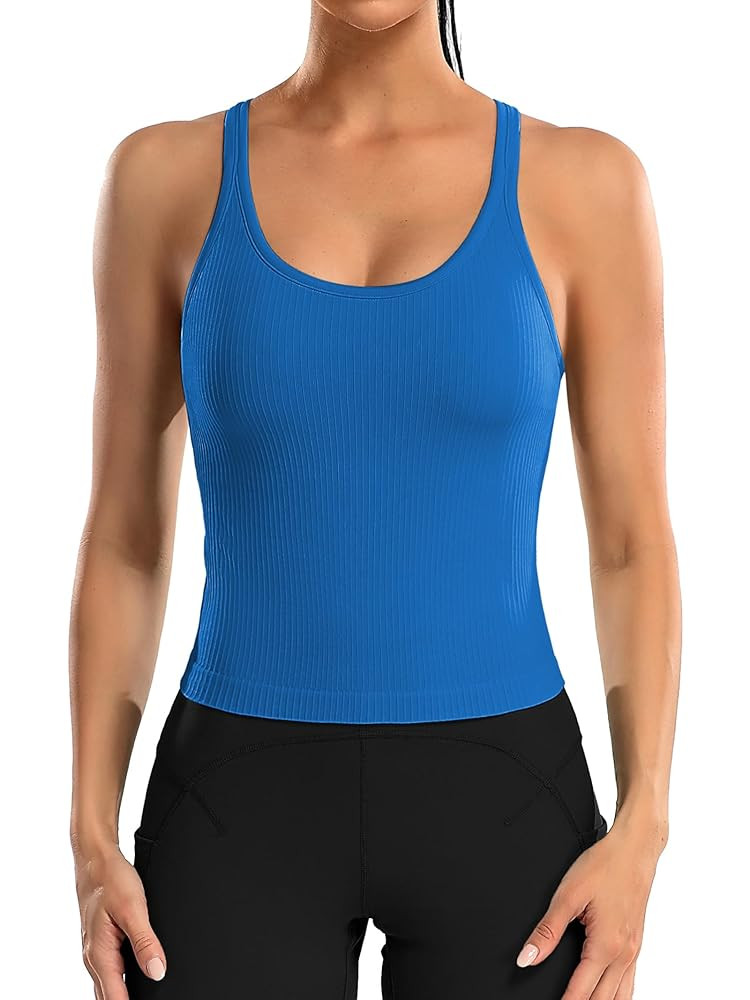 ATTRACO Women Ribbed Workout Crop Tops with Built in Bra Yoga Racerback Tank Top Tight Fit | Amazon (US)