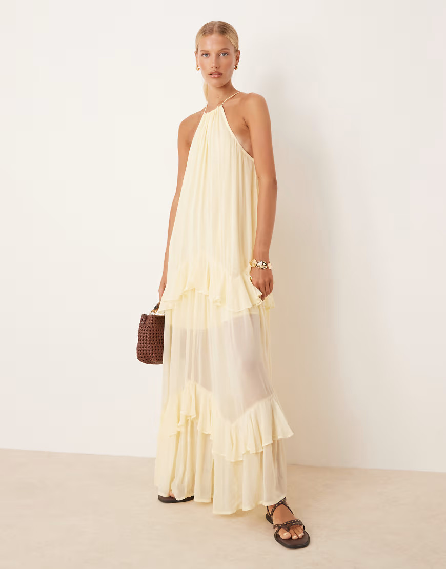 ASOS DESIGN halter tiered ruffle maxi in lemon-Yellow | ASOS (Global)
