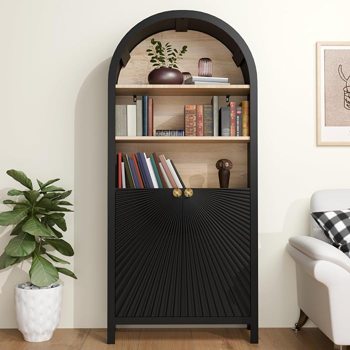 Tall Arched Bookcase,Rounded 5 Tier Bookshelf,Kitchen Pantry Cabinet with Doors,Black Display Cab... | Amazon (US)