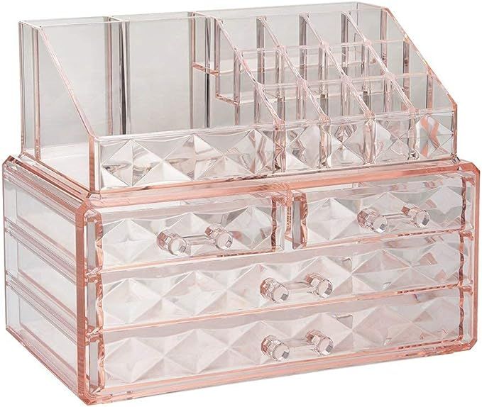 Jewelry and Cosmetic Boxes with Brush Holder - Pink Diamond Pattern Storage Display Cube Includin... | Amazon (US)