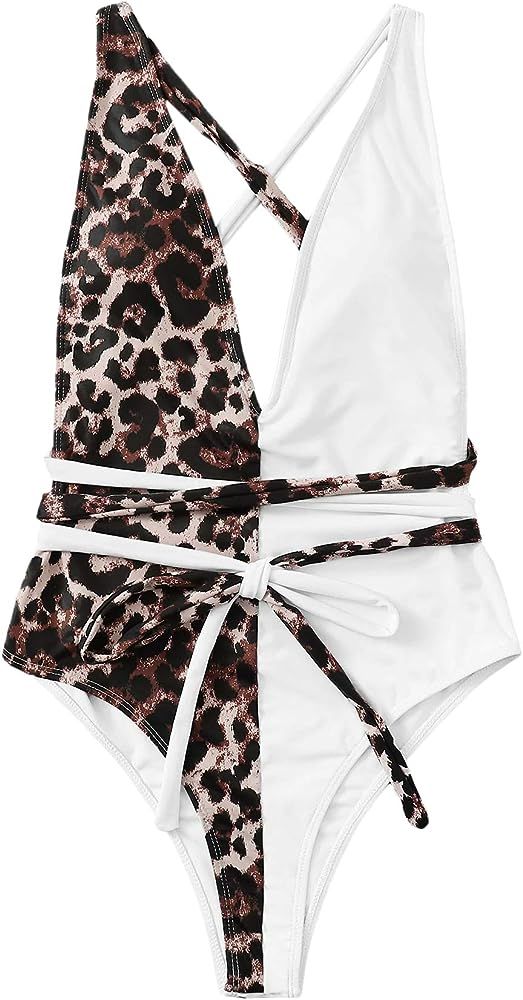 Women's Sexy Bathing Suits Criss Cross Tie Knot Front Deep V Open Back Leopard One Piece Swimwear | Amazon (US)