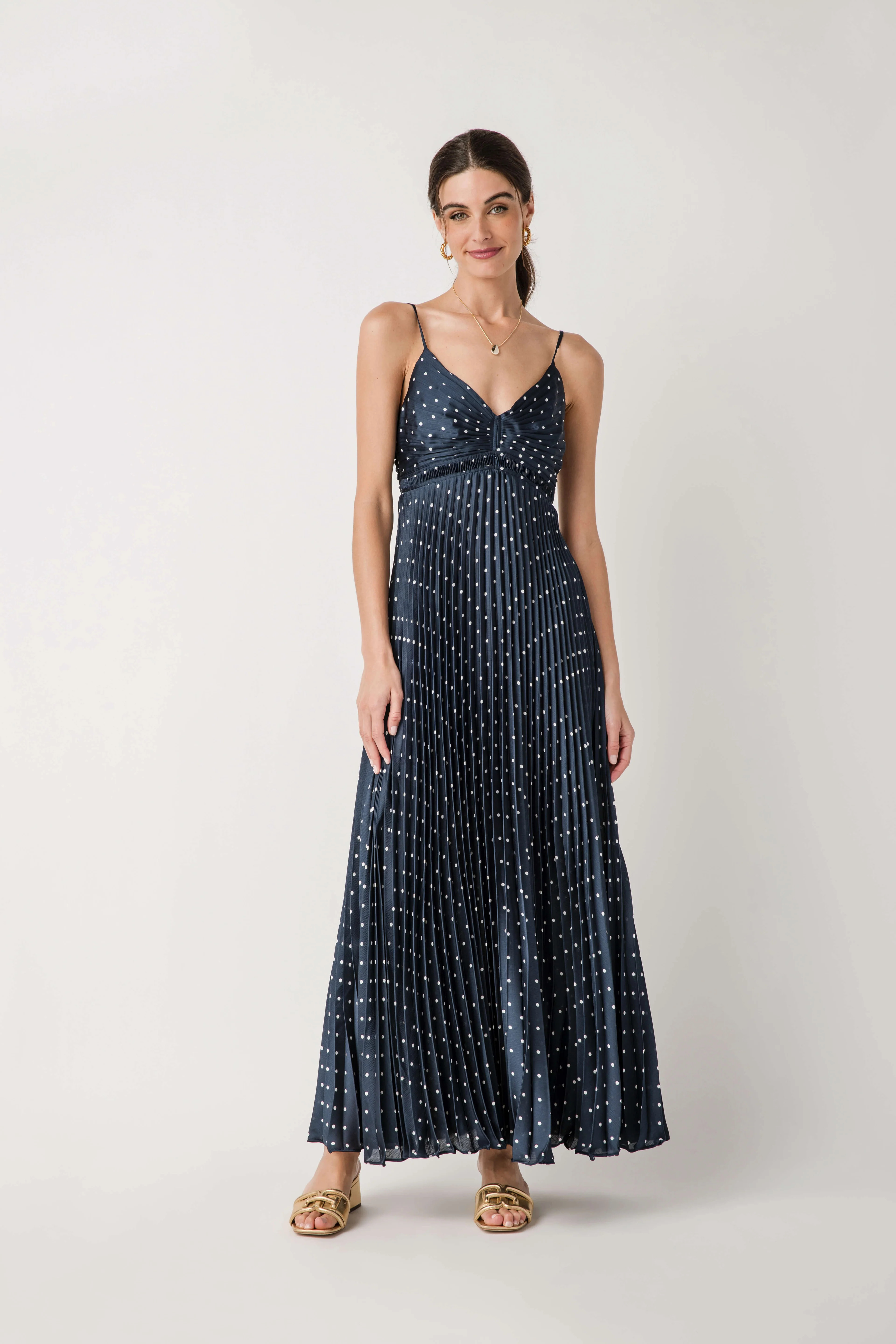 Skies Are Blue Polka Dot Pleated Sleeveless Dress | Social Threads