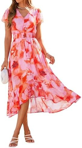 Simplee Womens Summer Floral Boho Dress 2026 V Neck High Low Short Sleeve Flowy Maxi Beach Vacati... | Amazon (US)