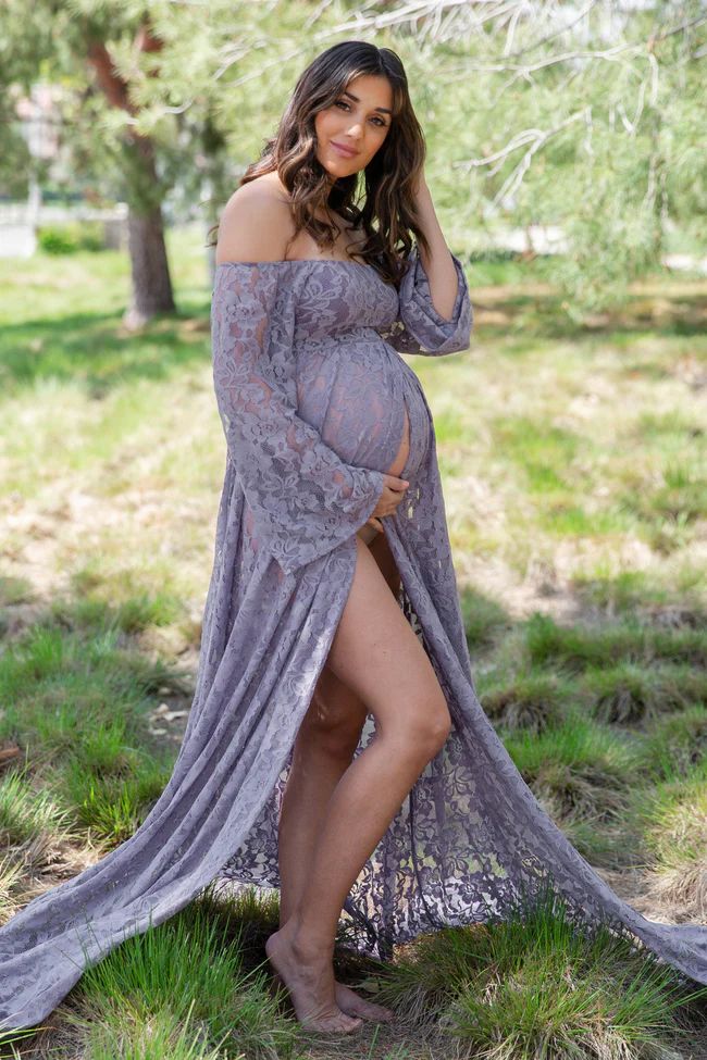 PinkBlush Lavender Lace Off Shoulder Maternity Photoshoot Gown/Dress | PinkBlush Maternity