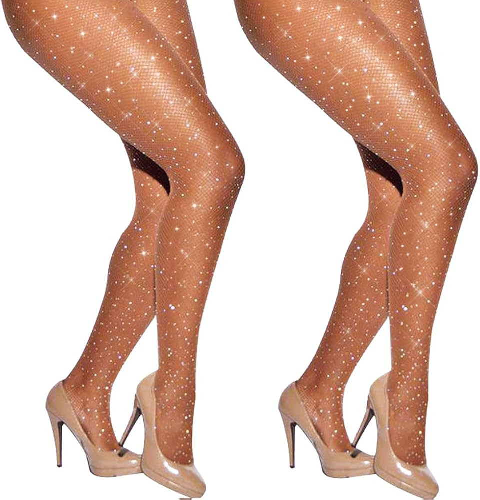 LUCKELF Sexy High Waist Tights Sparkle Rhinestone Fishnets Party Rhinestone Mesh Stockings | Amazon (US)