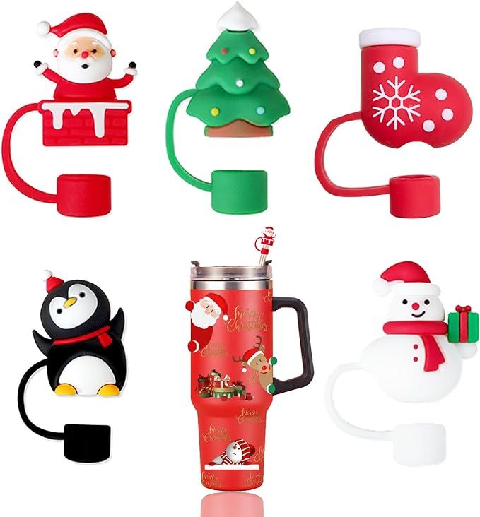 SEEZIZI 5 pcs Christmas Straw Covers Cap Toppers Compatible with Stanley 30&40 oz Tumbler Cups,Re... | Amazon (US)