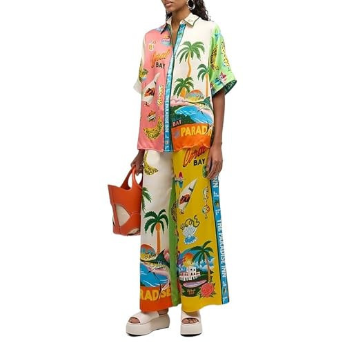 ABPWO Floral two piece sets for women, Casual Floral Fruit Print Short Sleeve Shirt Wide Leg Pants Holiday Hawaii Beach Outfits, MEDIUM | Amazon (US)
