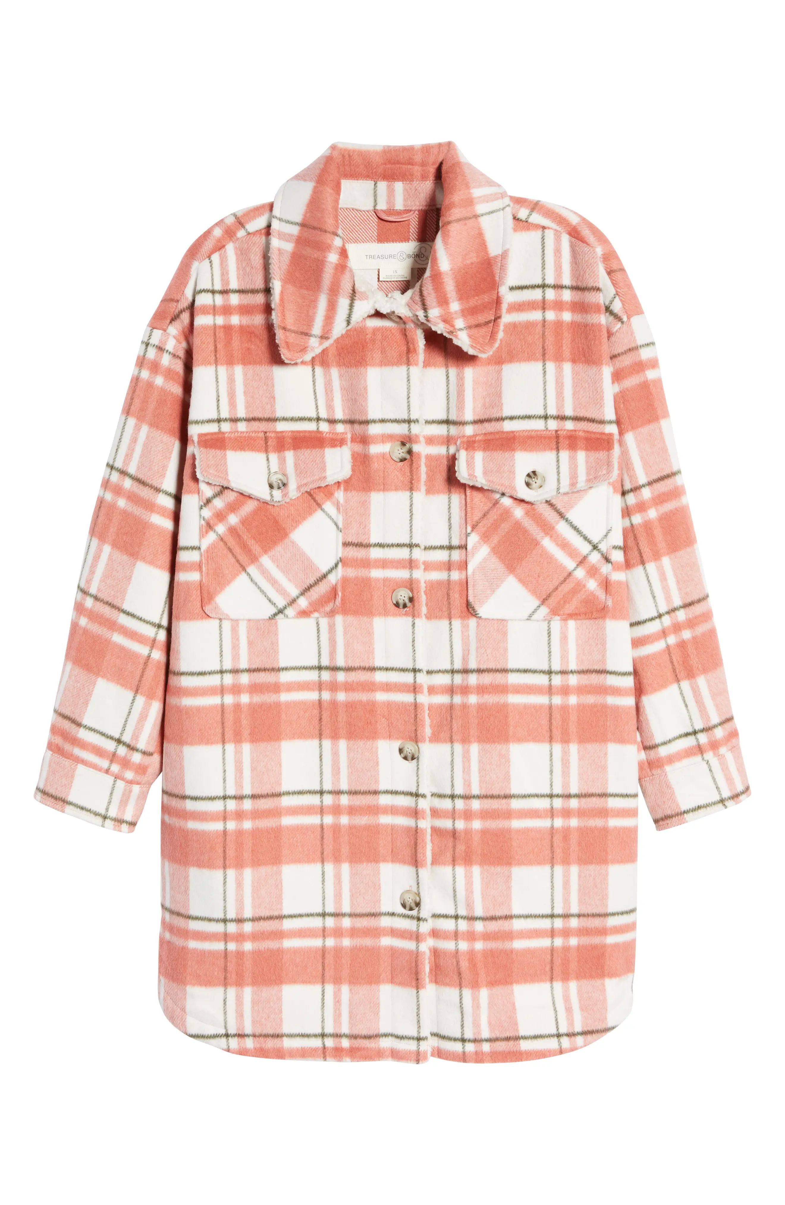 Treasure & Bond High Pile Fleece Lined Plaid Shacket, Size 2X in Pink Mixed Plaid at Nordstrom | Nordstrom